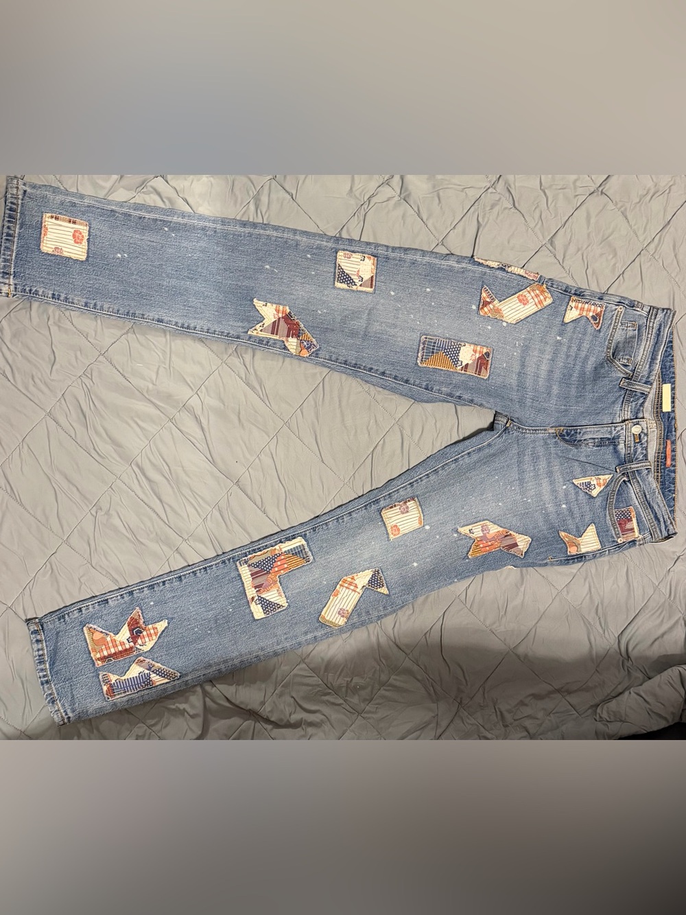 Pilcro Patchwork Accent Straight Leg Jeans in Blue